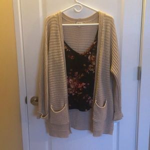 Long Oatmeal Knit Open Cardigan